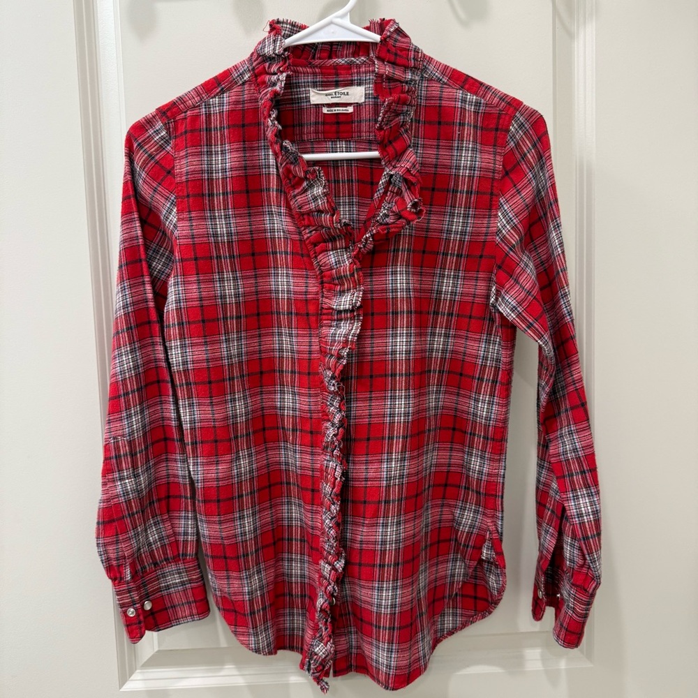 Isabel Marant Etoile Dawendy Red Plaid Ruffle Flannel Shirt FR 34 Boho Cotton